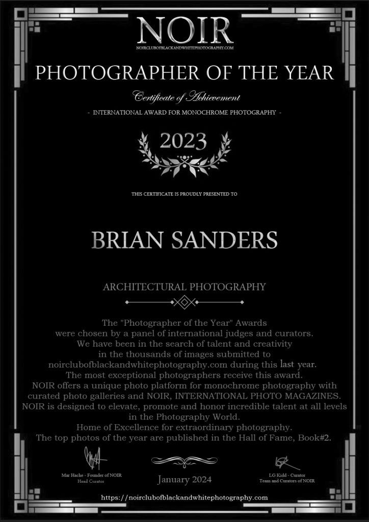 Noir Photographer of the Year - Architectural Photography Award Certificate